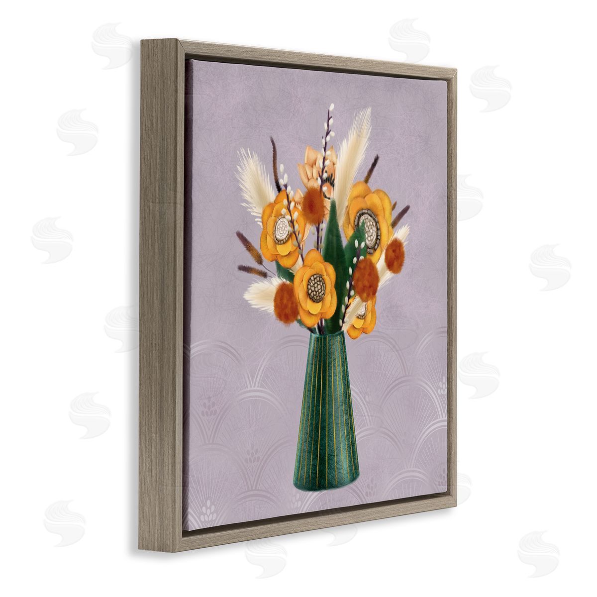 Ziwei Li Yellow Autumn Floral Bouquet in Green Vase Brown Floating Frame Canvas Wall Art Print