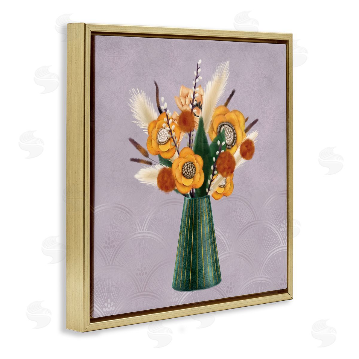 Ziwei Li Yellow Autumn Floral Bouquet in Green Vase Gold Floating Frame Canvas Wall Art Print
