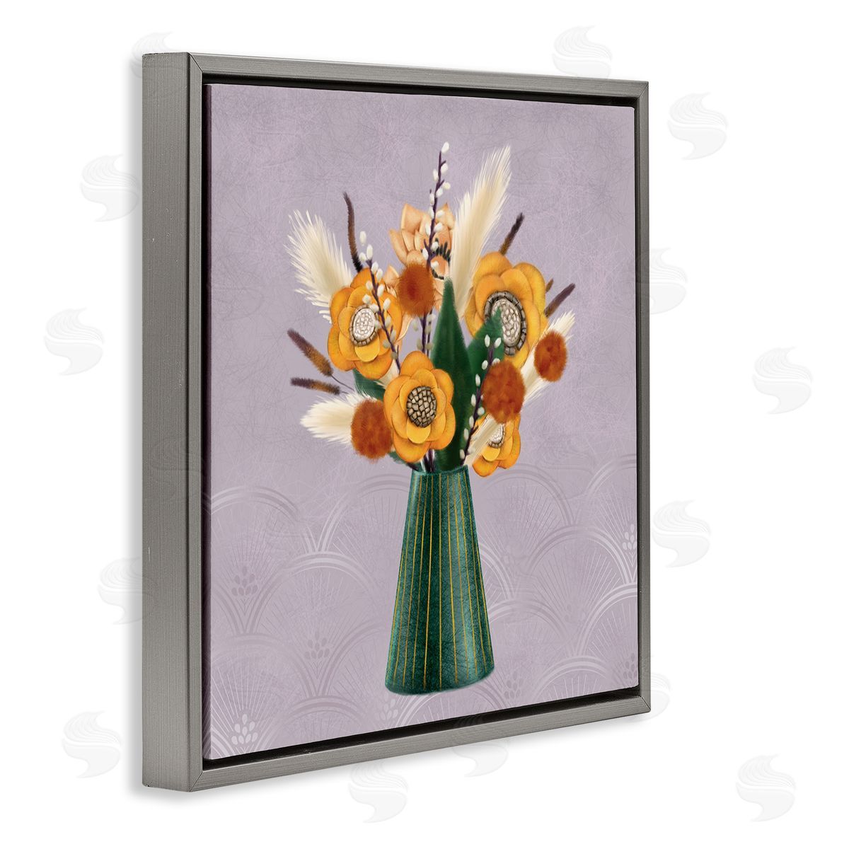 Ziwei Li Yellow Autumn Floral Bouquet in Green Vase Gray Floating Frame Canvas Wall Art Print