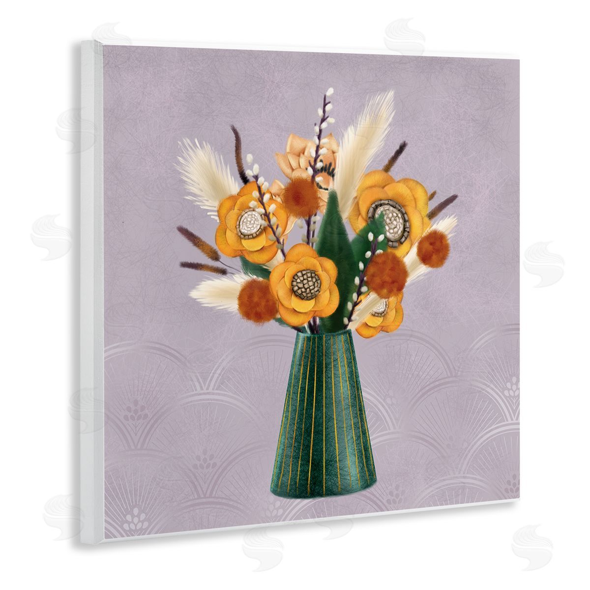 Ziwei Li Yellow Autumn Floral Bouquet in Green Vase Wooden Wall Plaque Art Print