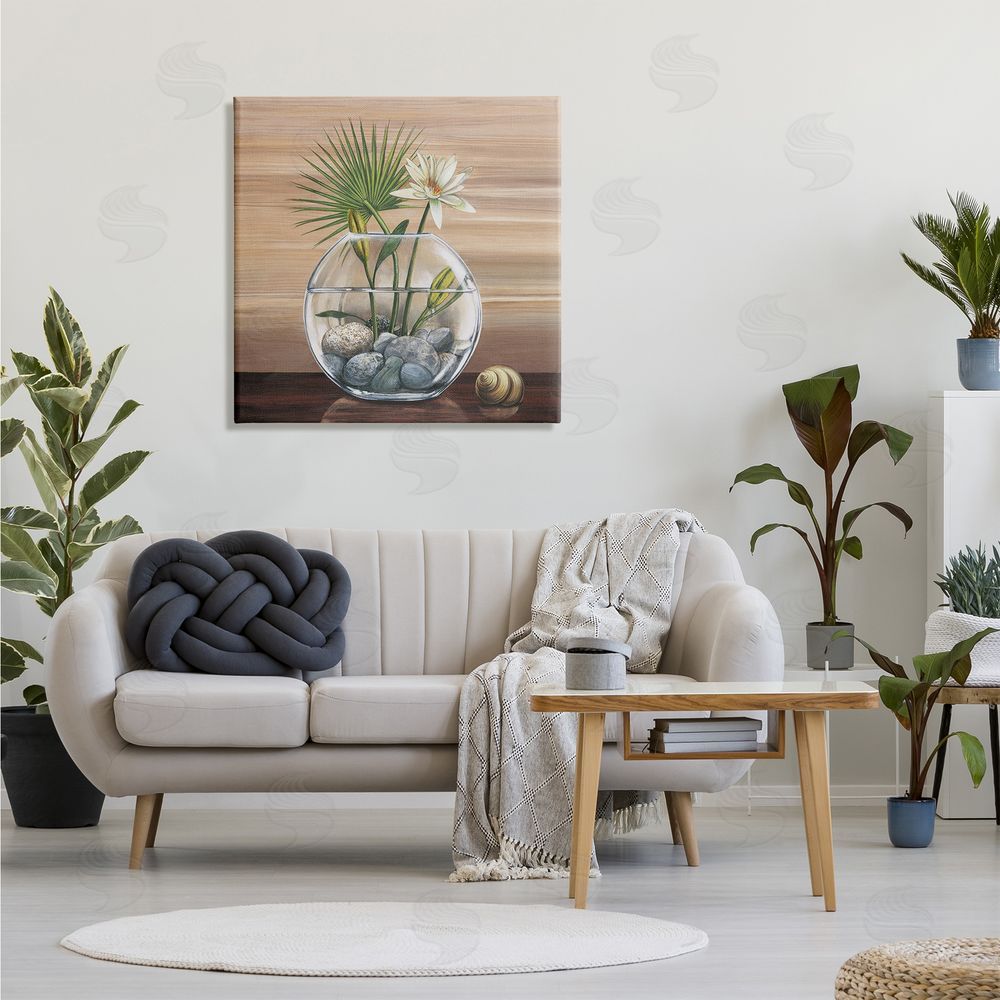 Yuki Ross Lotus and Palm Plant in Rock Vase Still-Life Canvas Wall Art in Room