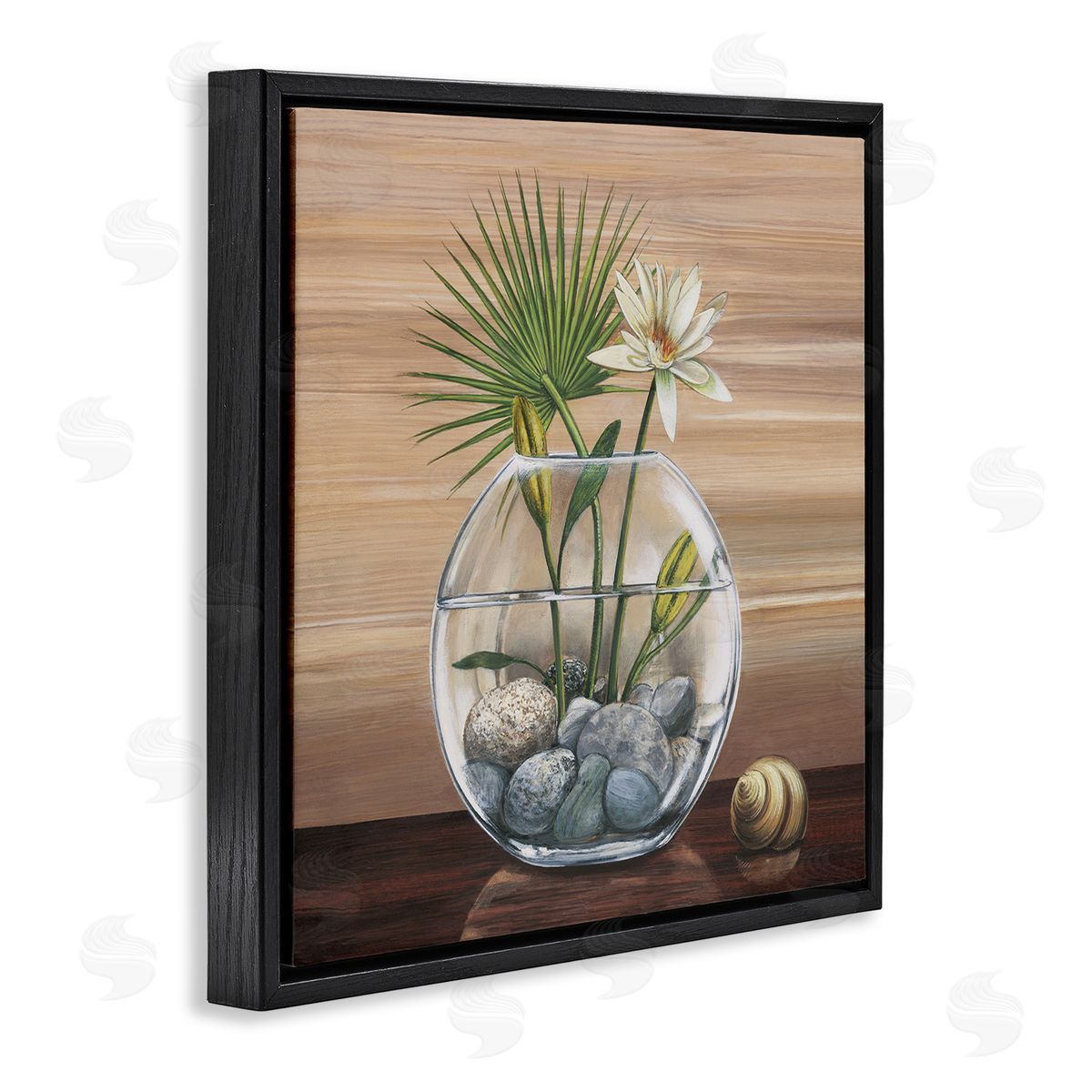 Yuki Ross Lotus and Palm Plant in Rock Vase Still-Life Black Floating Frame Canvas Wall Art Print