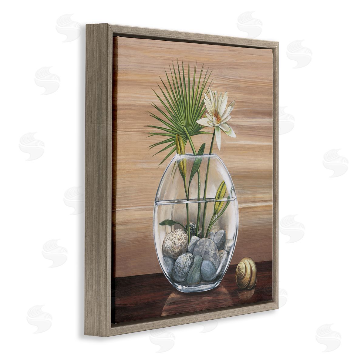 Yuki Ross Lotus and Palm Plant in Rock Vase Still-Life Brown Floating Frame Canvas Wall Art Print