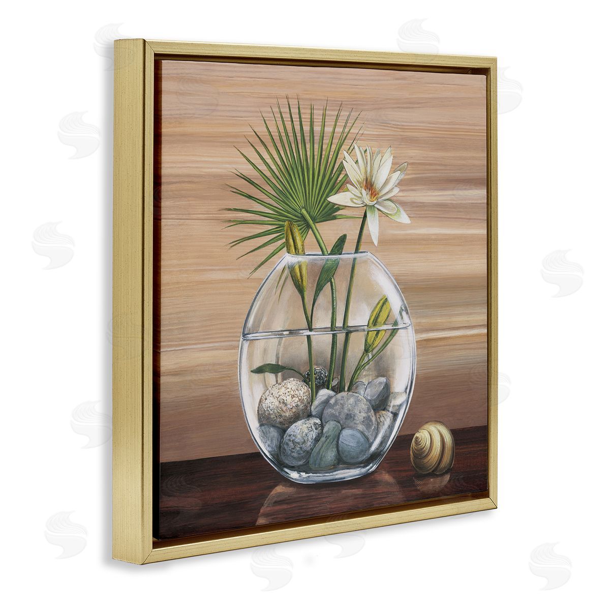 Yuki Ross Lotus and Palm Plant in Rock Vase Still-Life Gold Floating Frame Canvas Wall Art Print