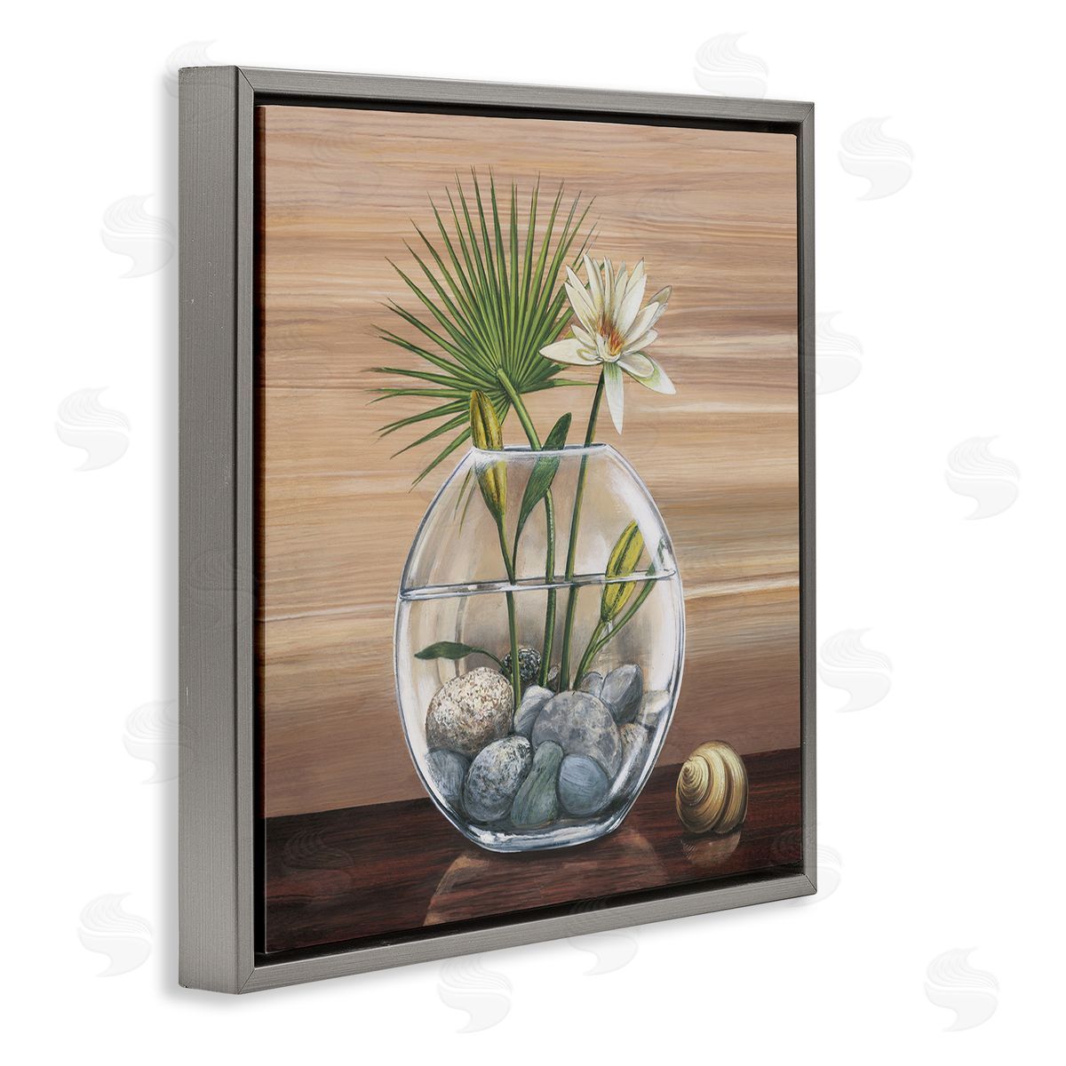 Yuki Ross Lotus and Palm Plant in Rock Vase Still-Life Gray Floating Frame Canvas Wall Art Print