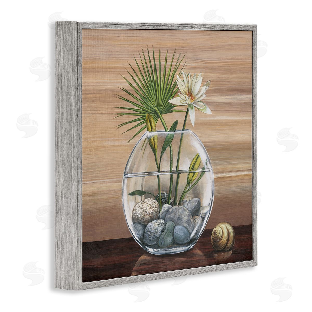 Yuki Ross Lotus and Palm Plant in Rock Vase Still-Life Gray Framed Glicee Wall Art Print