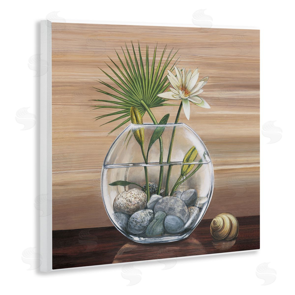 Yuki Ross Lotus and Palm Plant in Rock Vase Still-Life Wooden Wall Plaque Art Print