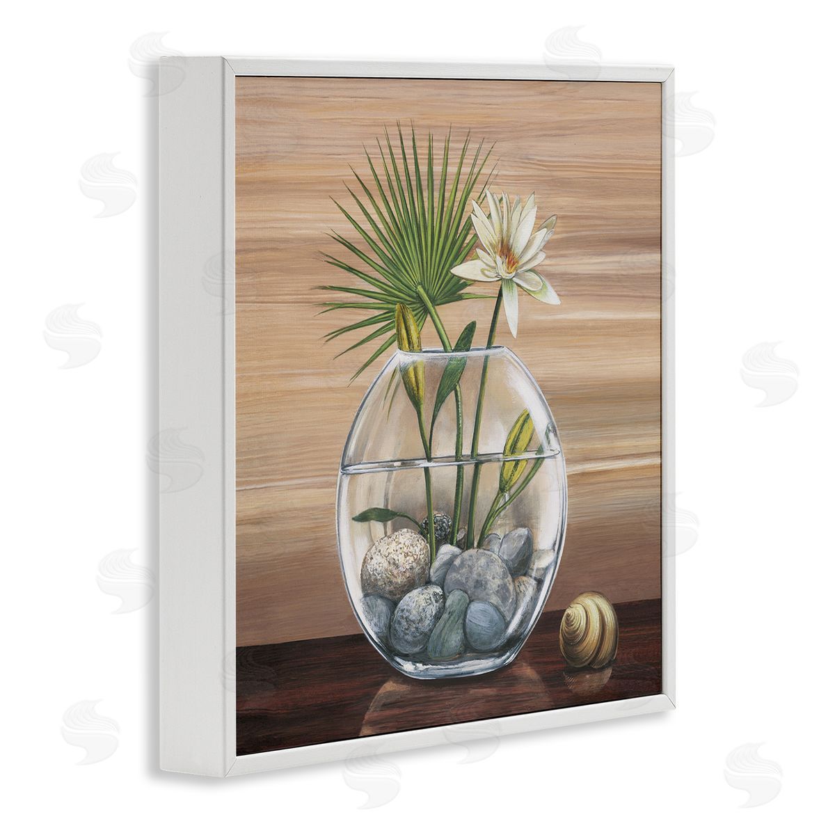 Yuki Ross Lotus and Palm Plant in Rock Vase Still-Life White Framed Glicee Wall Art Print