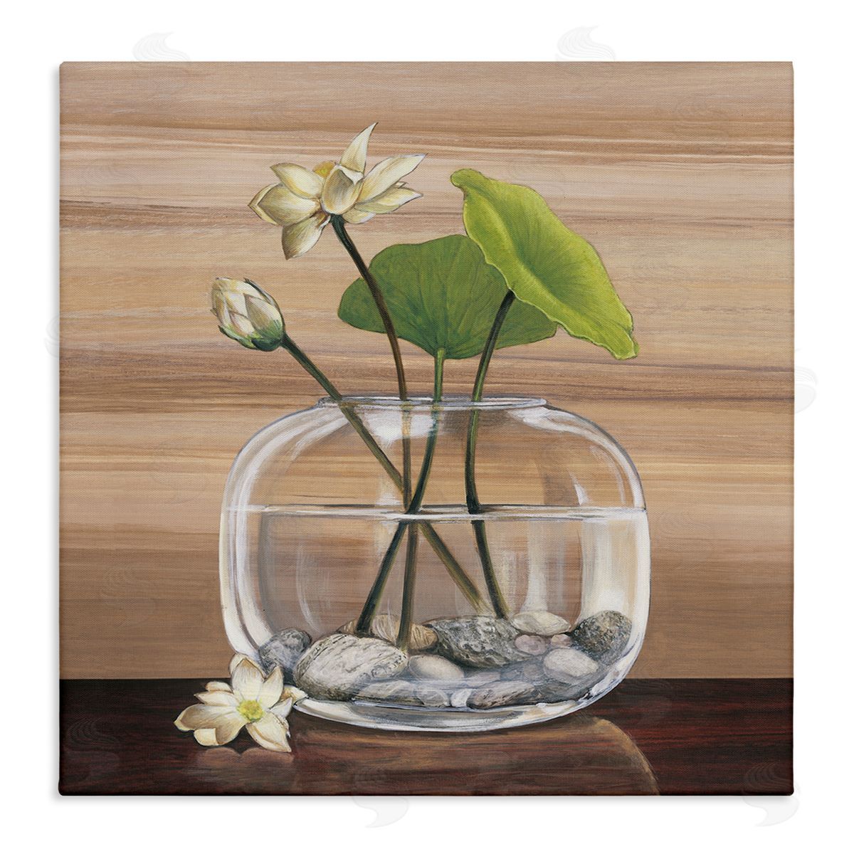 Yuki Ross White Water Lilies and Lilypad In Vase Still-Life Stretched Canvas Wall Art Print