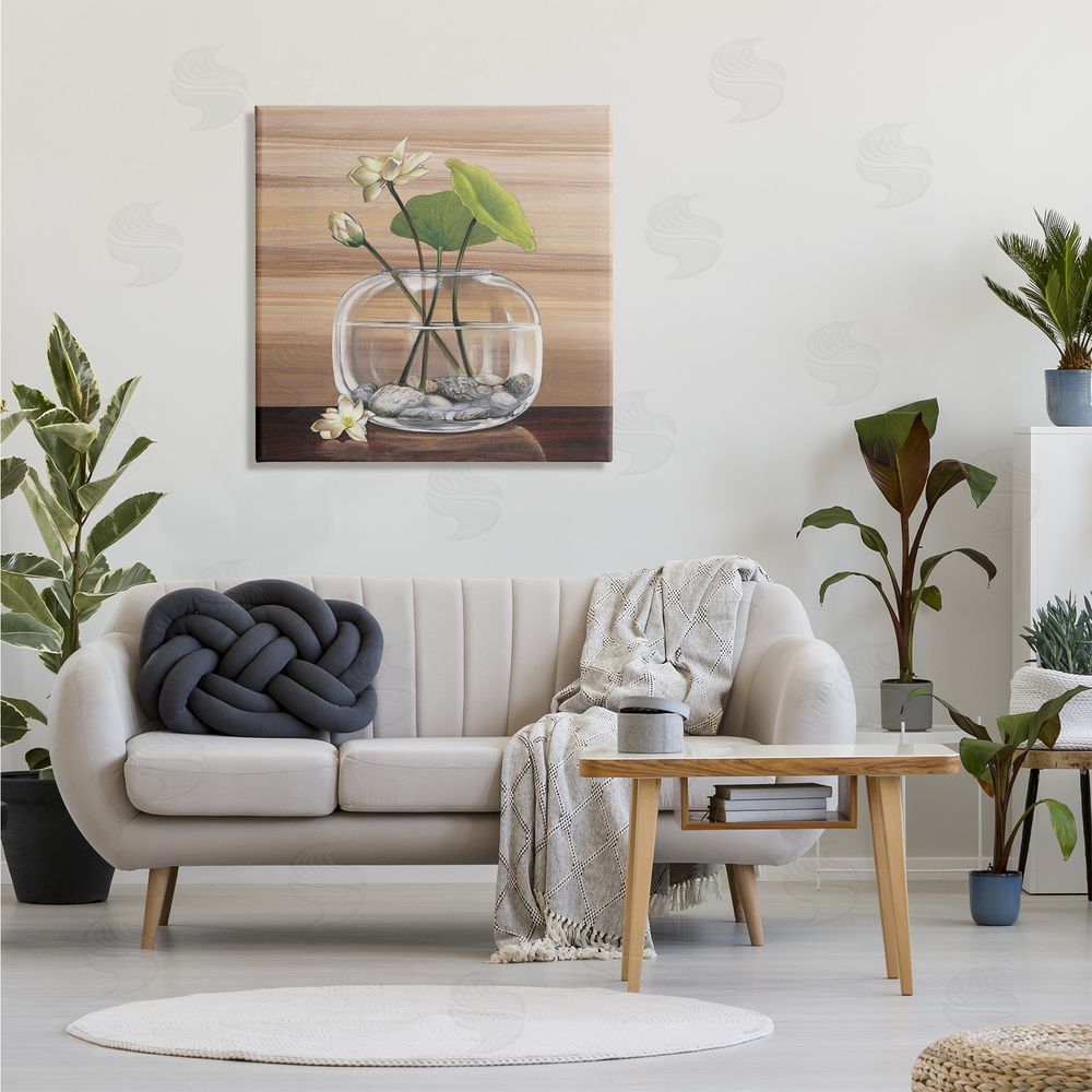 Yuki Ross White Water Lilies and Lilypad In Vase Still-Life Canvas Wall Art in Room