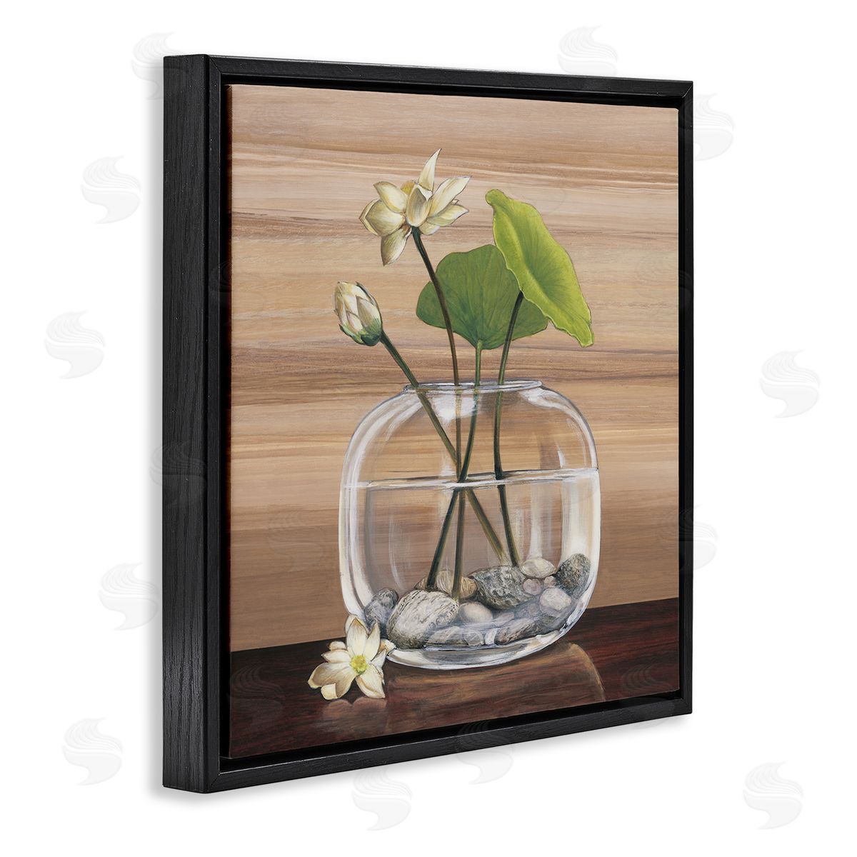 Yuki Ross White Water Lilies and Lilypad In Vase Still-Life Black Floating Frame Canvas Wall Art Print