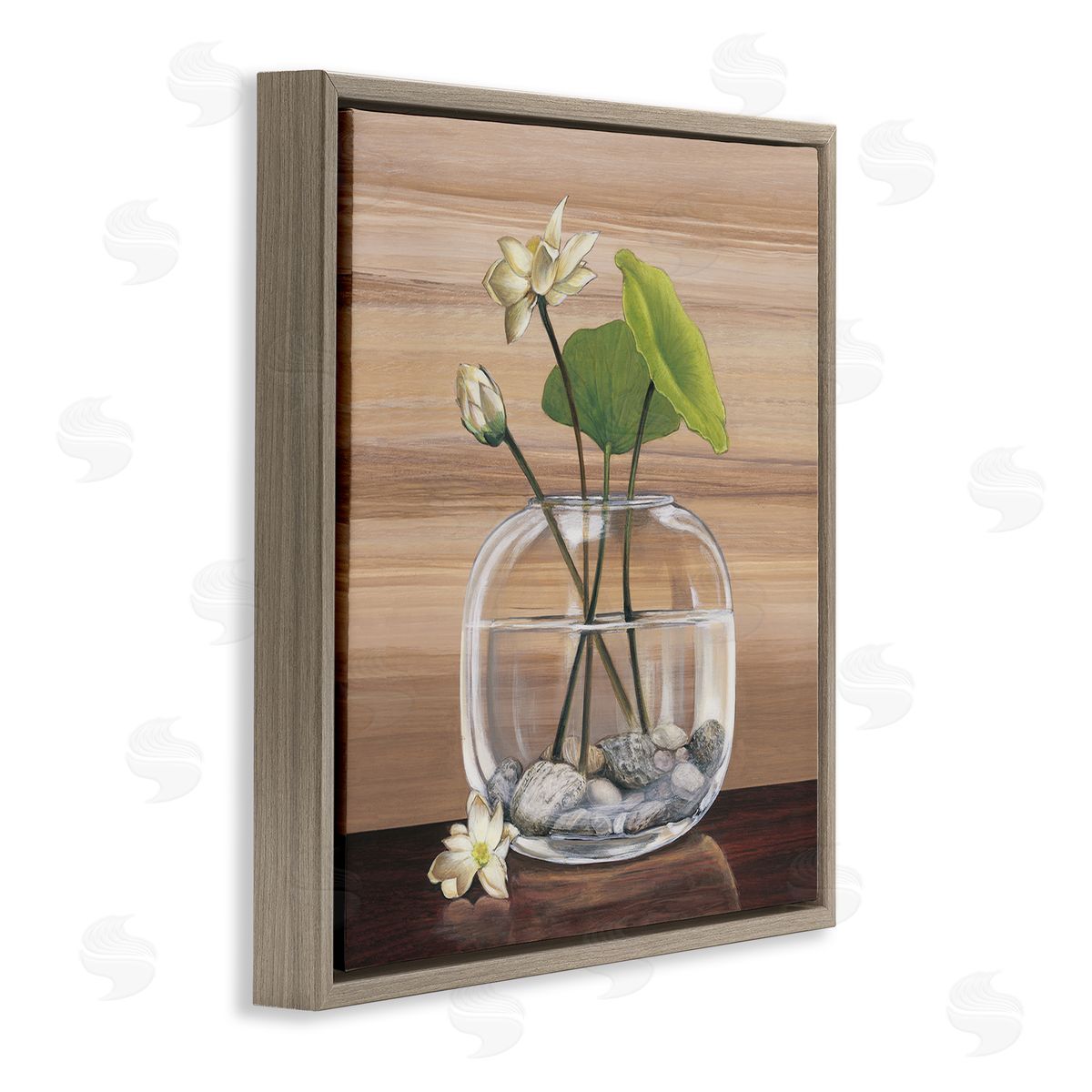 Yuki Ross White Water Lilies and Lilypad In Vase Still-Life Brown Floating Frame Canvas Wall Art Print