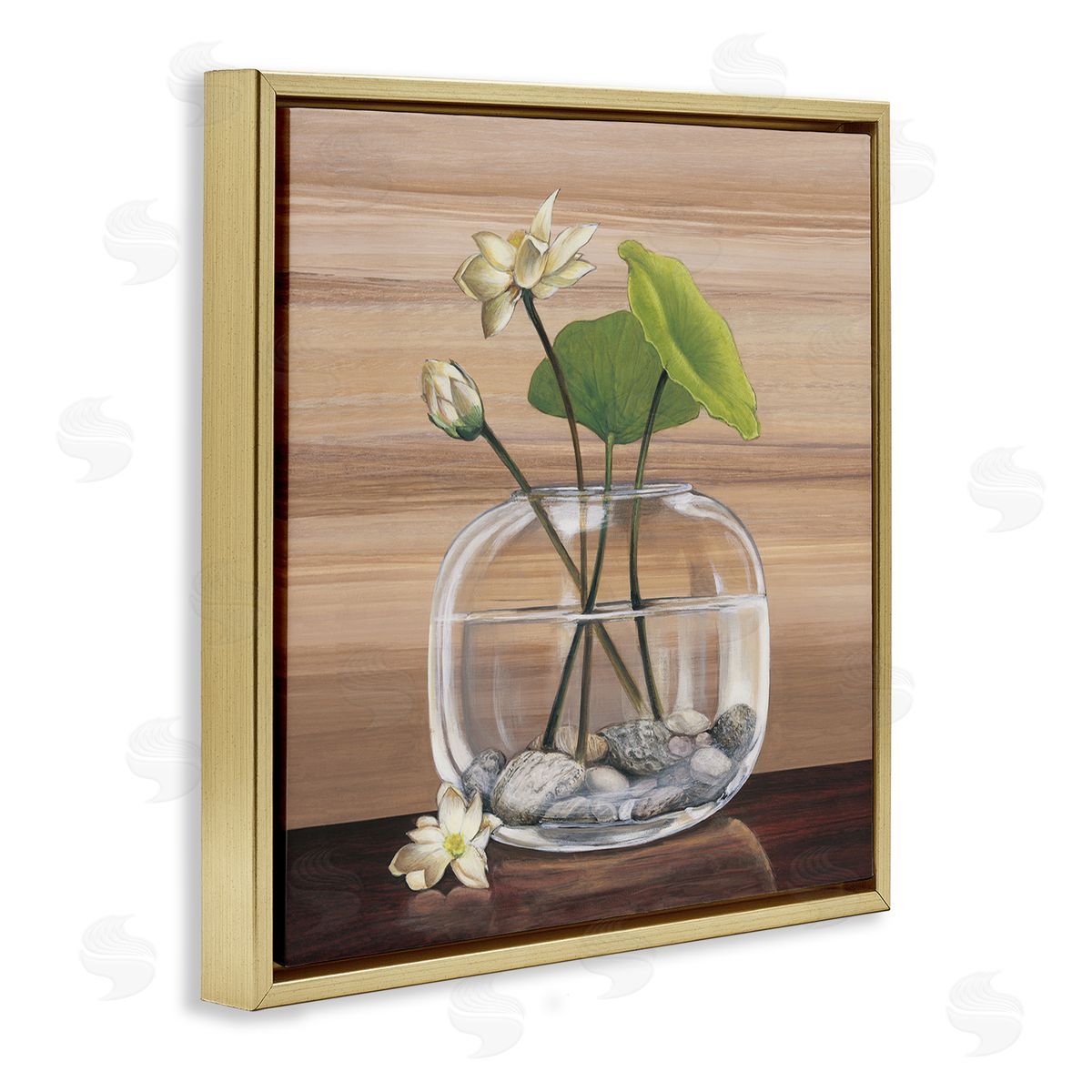 Yuki Ross White Water Lilies and Lilypad In Vase Still-Life Gold Floating Frame Canvas Wall Art Print