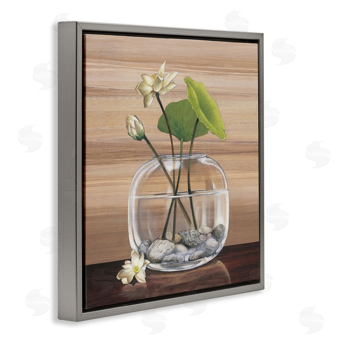 Yuki Ross White Water Lilies and Lilypad In Vase Still-Life Gray Floating Frame Canvas Wall Art Print