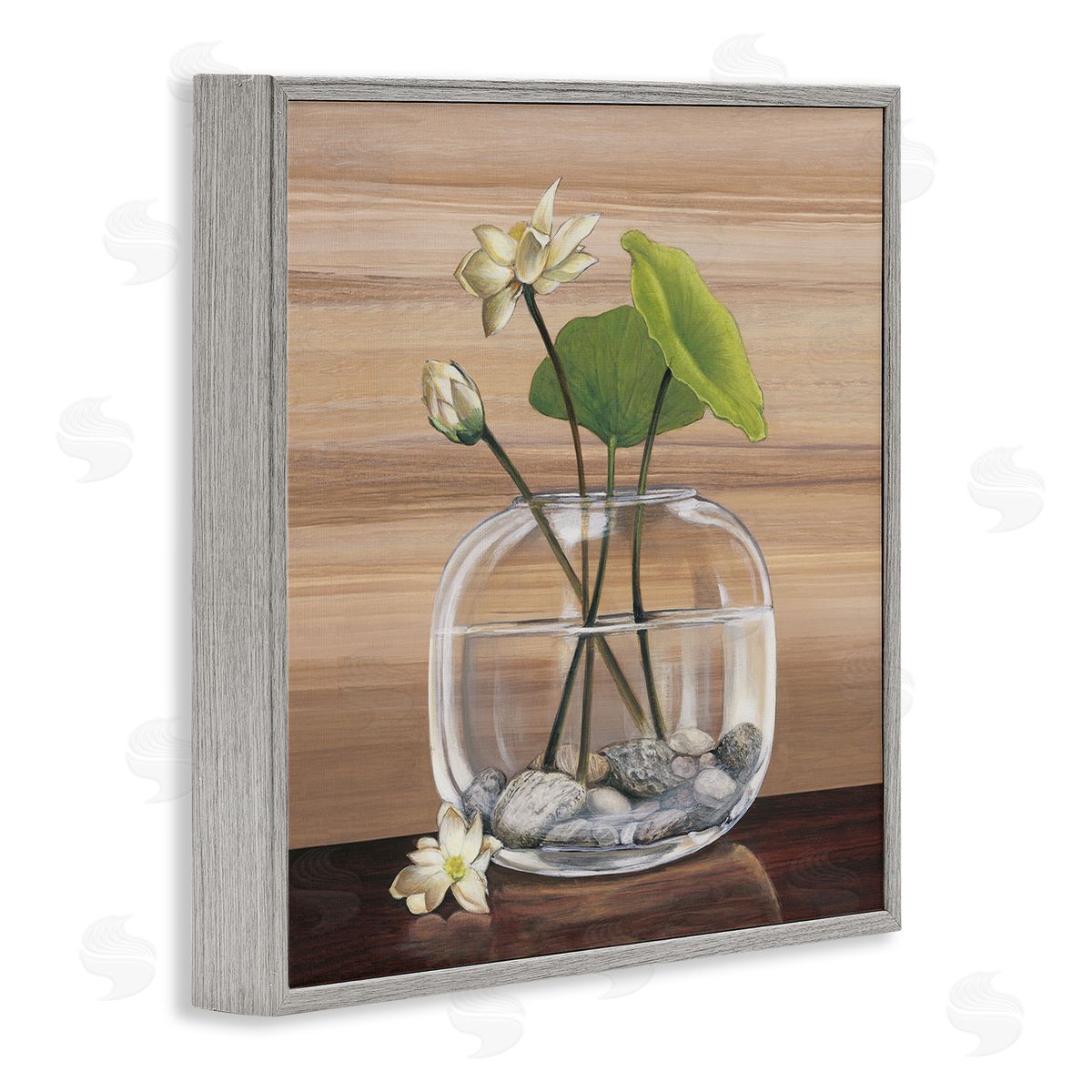 Yuki Ross White Water Lilies and Lilypad In Vase Still-Life Gray Framed Glicee Wall Art Print