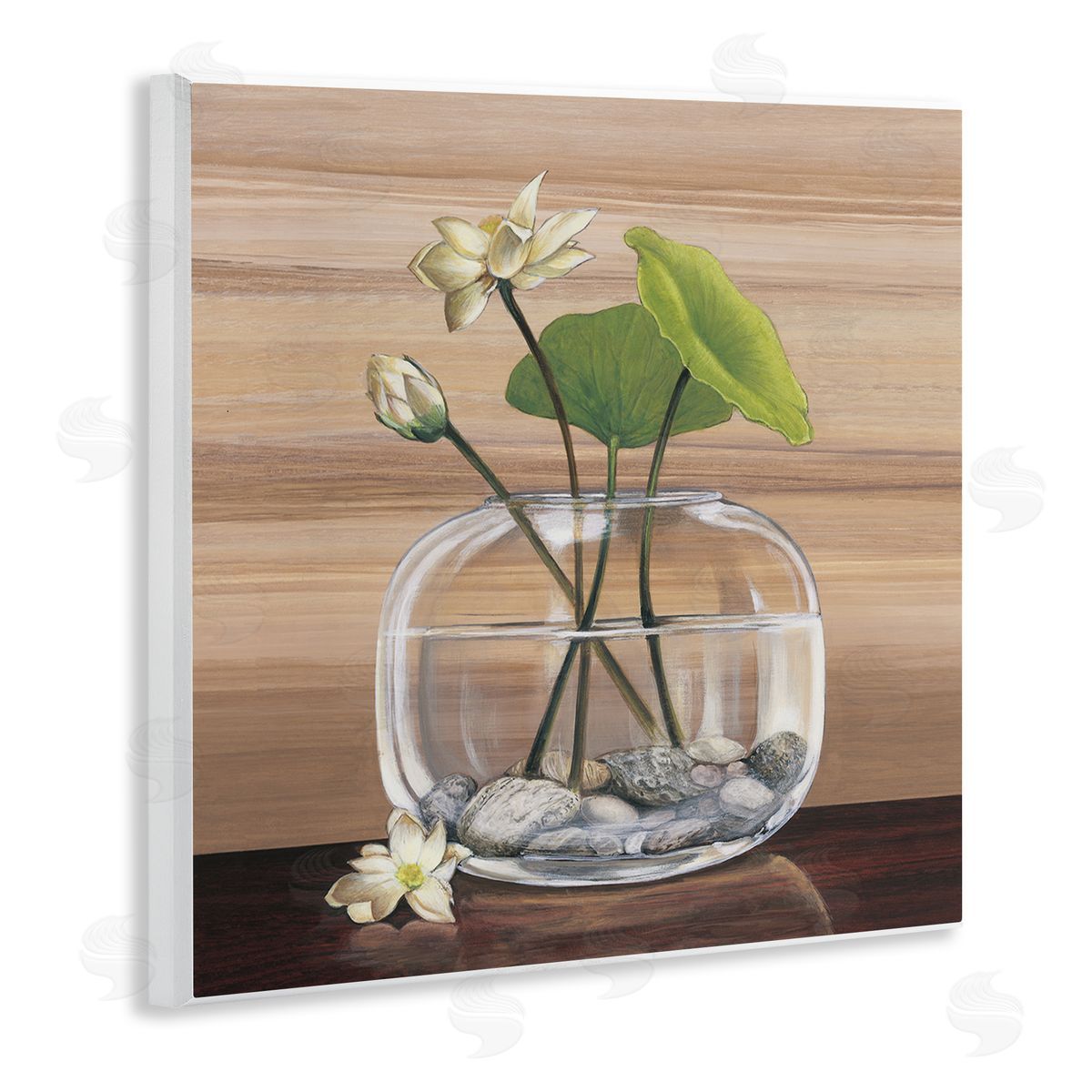 Yuki Ross White Water Lilies and Lilypad In Vase Still-Life Wooden Wall Plaque Art Print