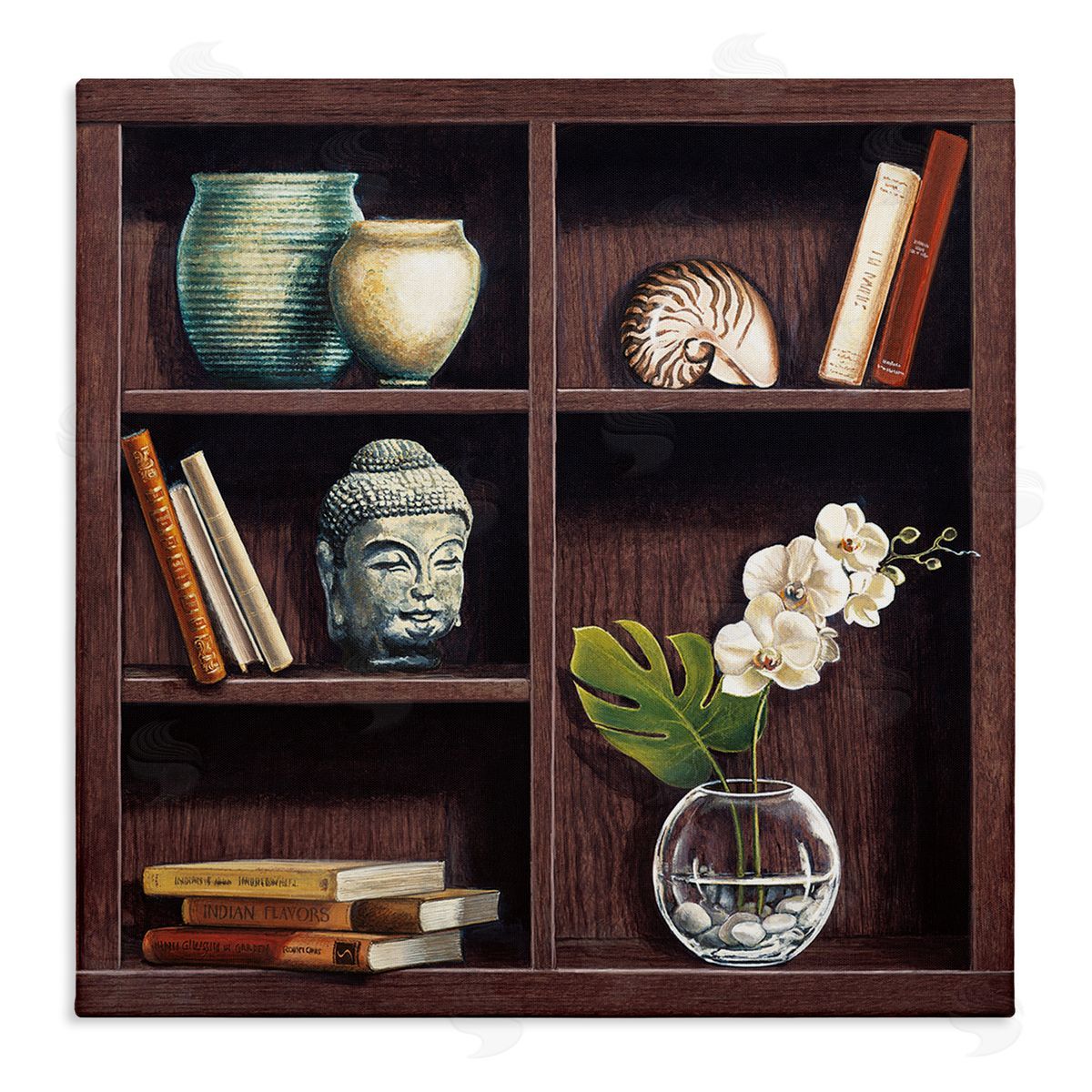 Isabella Rossetti Eastern Culture Inspired Bookshelf with Floral Vase Still-Life Stretched Canvas Wall Art Print