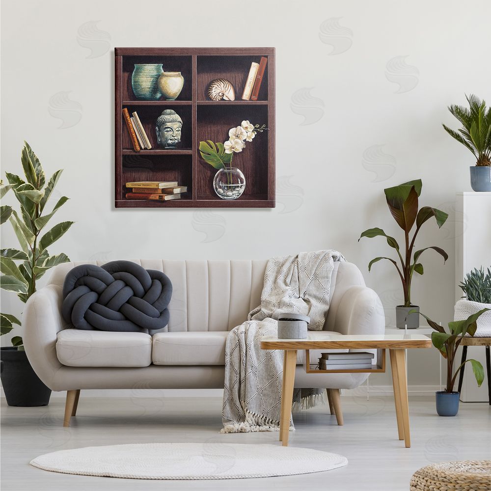 Isabella Rossetti Eastern Culture Inspired Bookshelf with Floral Vase Still-Life Canvas Wall Art in Room