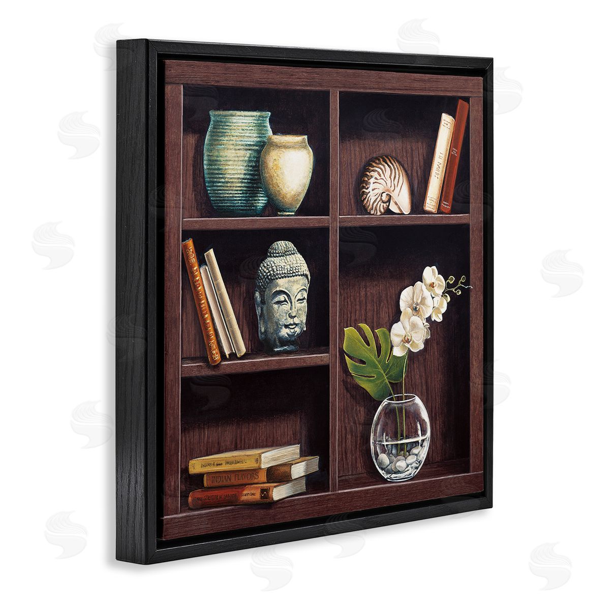 Isabella Rossetti Eastern Culture Inspired Bookshelf with Floral Vase Still-Life Black Floating Frame Canvas Wall Art Print