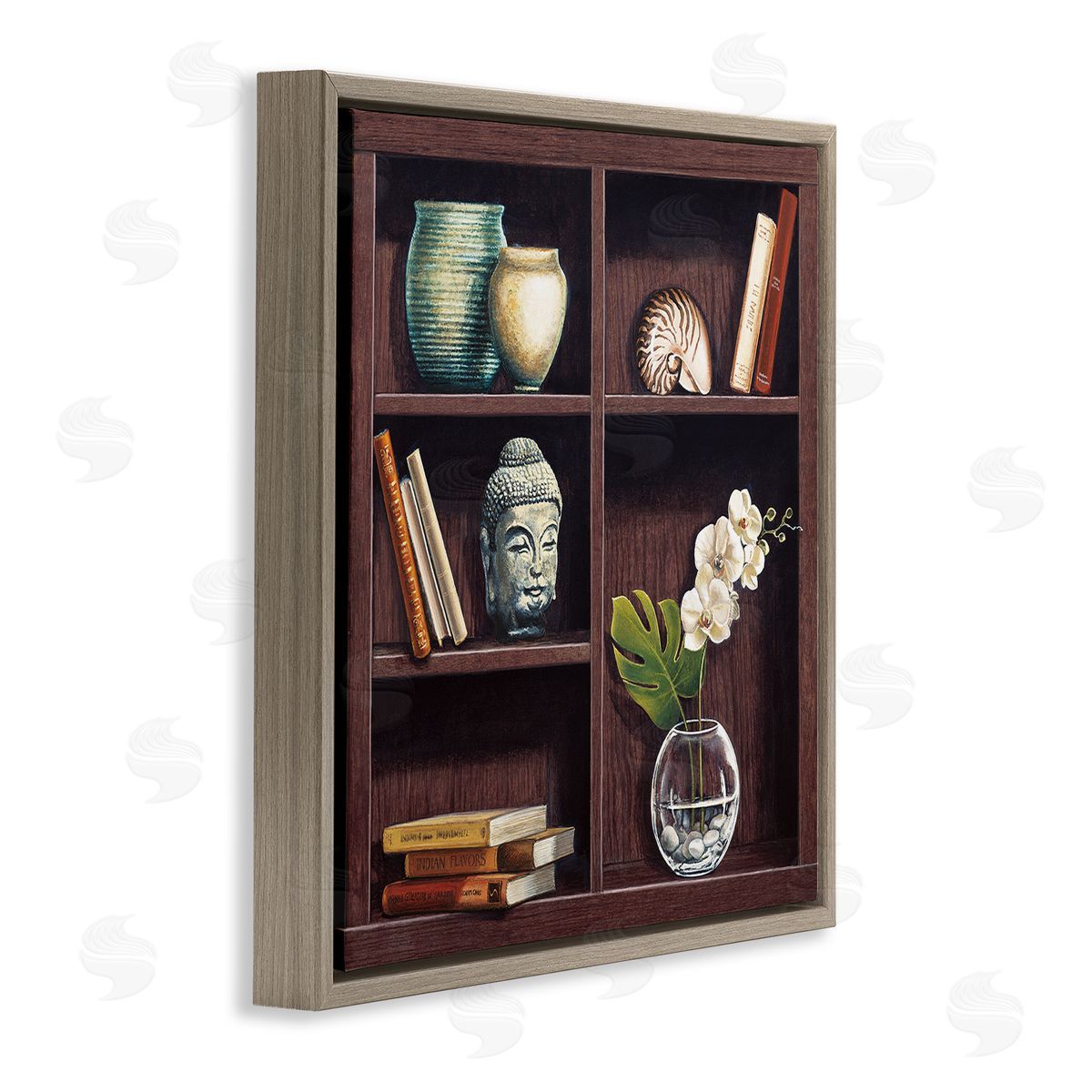 Isabella Rossetti Eastern Culture Inspired Bookshelf with Floral Vase Still-Life Brown Floating Frame Canvas Wall Art Print