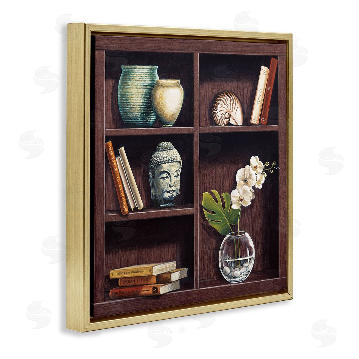 Isabella Rossetti Eastern Culture Inspired Bookshelf with Floral Vase Still-Life Gold Floating Frame Canvas Wall Art Print