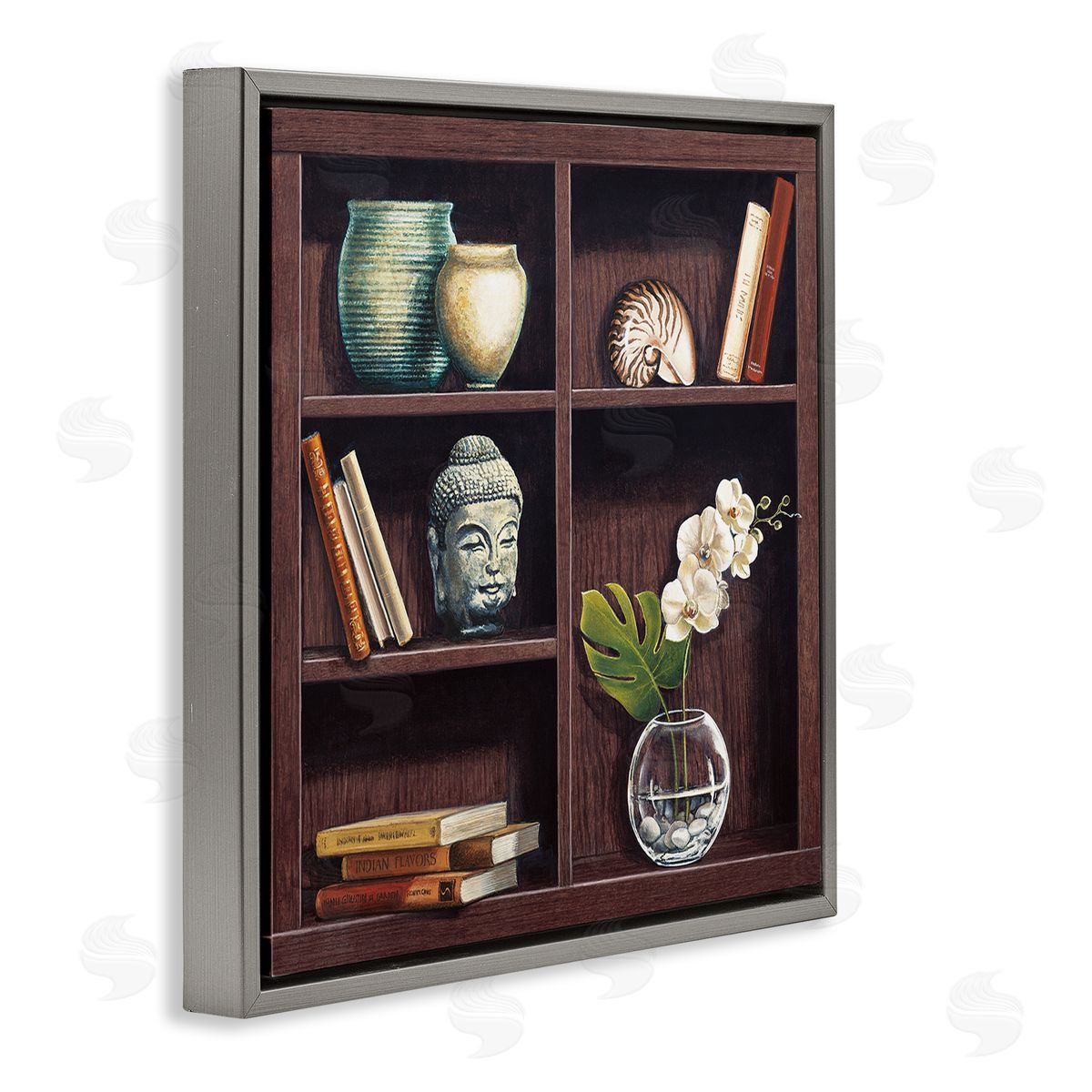 Isabella Rossetti Eastern Culture Inspired Bookshelf with Floral Vase Still-Life Gray Floating Frame Canvas Wall Art Print