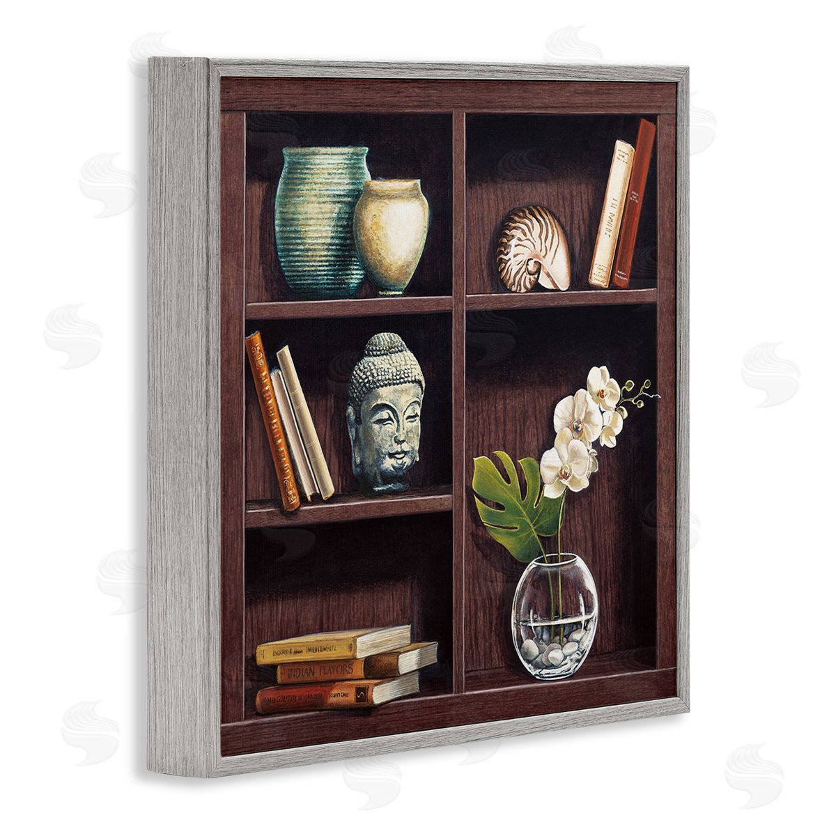 Isabella Rossetti Eastern Culture Inspired Bookshelf with Floral Vase Still-Life Gray Framed Glicee Wall Art Print