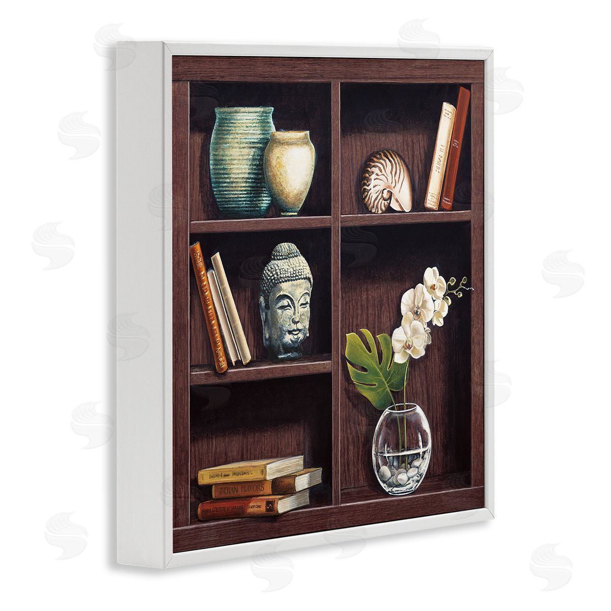 Isabella Rossetti Eastern Culture Inspired Bookshelf with Floral Vase Still-Life White Framed Glicee Wall Art Print