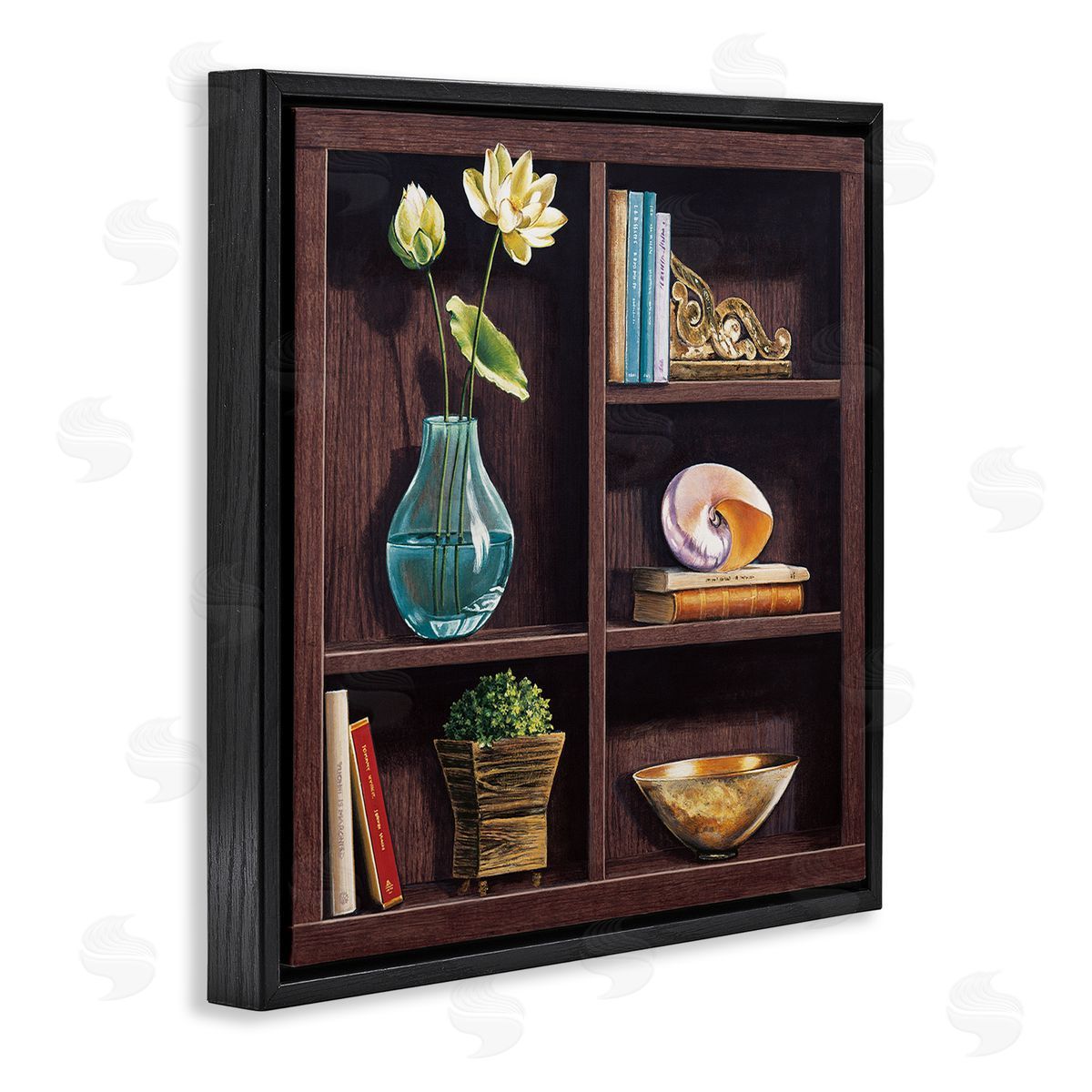Isabella Rossetti Elegant Bookshelf Still-Life with Lotus Floral Vase Black Floating Frame Canvas Wall Art Print
