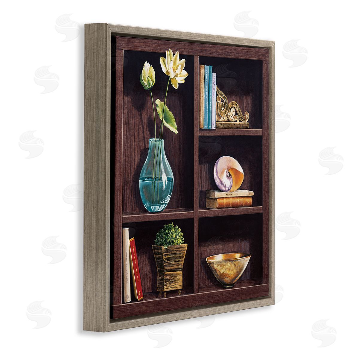 Isabella Rossetti Elegant Bookshelf Still-Life with Lotus Floral Vase Brown Floating Frame Canvas Wall Art Print