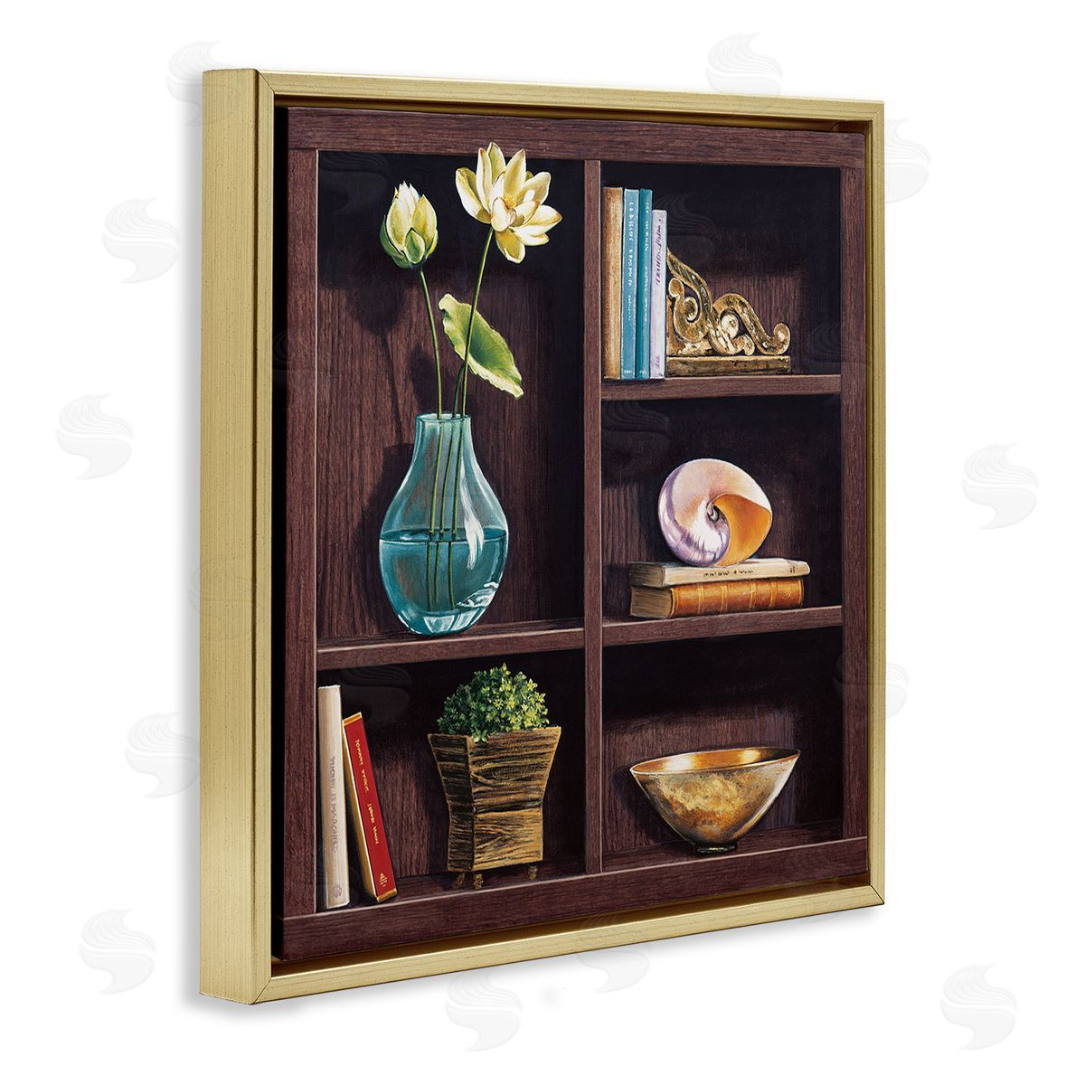 Isabella Rossetti Elegant Bookshelf Still-Life with Lotus Floral Vase Gold Floating Frame Canvas Wall Art Print