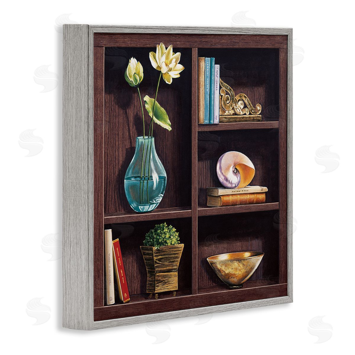 Isabella Rossetti Elegant Bookshelf Still-Life with Lotus Floral Vase Gray Framed Glicee Wall Art Print