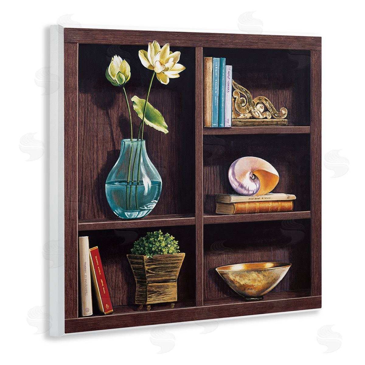 Isabella Rossetti Elegant Bookshelf Still-Life with Lotus Floral Vase Wooden Wall Plaque Art Print
