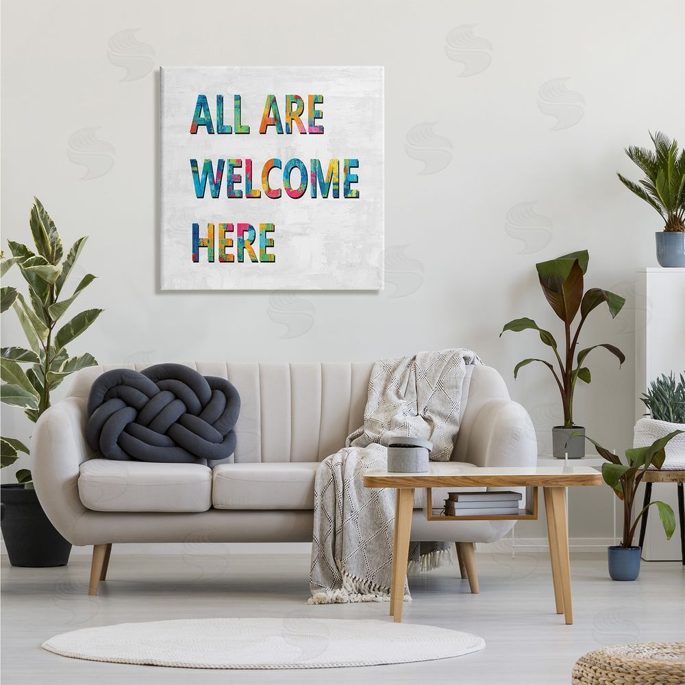 Jamie MacDowell All Are Welcome Here Phrase Fun Bold Typography Canvas Wall Art in Room