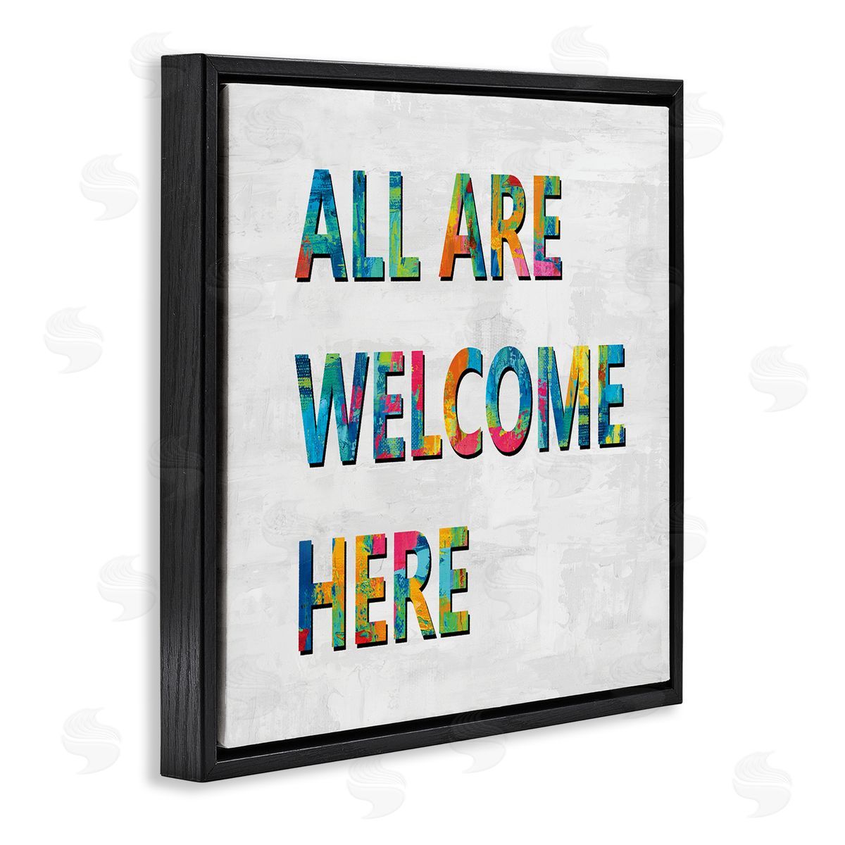 Jamie MacDowell All Are Welcome Here Phrase Fun Bold Typography Black Floating Frame Canvas Wall Art Print