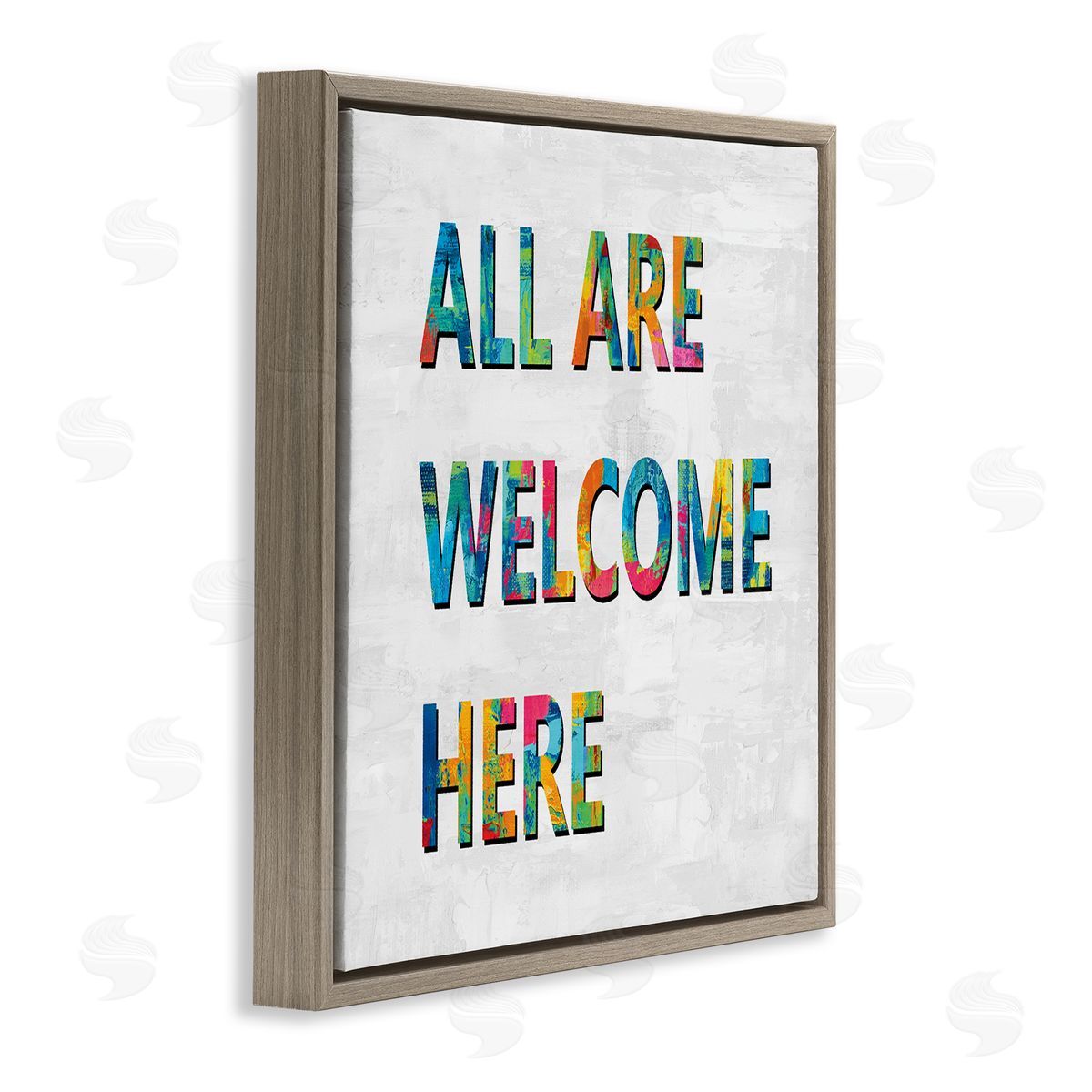 Jamie MacDowell All Are Welcome Here Phrase Fun Bold Typography Brown Floating Frame Canvas Wall Art Print