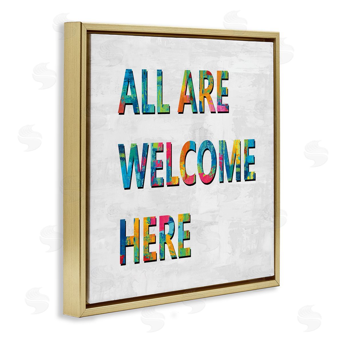 Jamie MacDowell All Are Welcome Here Phrase Fun Bold Typography Gold Floating Frame Canvas Wall Art Print