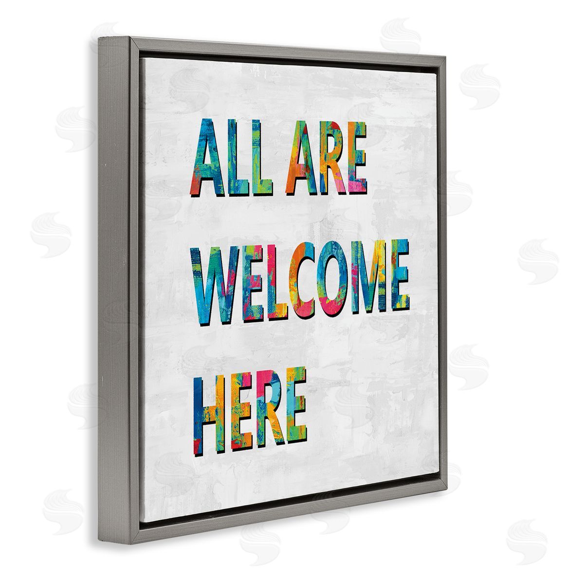 Jamie MacDowell All Are Welcome Here Phrase Fun Bold Typography Gray Floating Frame Canvas Wall Art Print