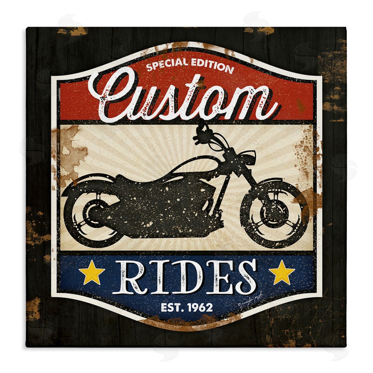 Jennifer Pugh Custom Rides Motorcycle Sign Vintage Americana Bike  Stretched Canvas Wall Art Print