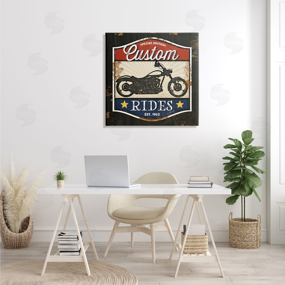 Jennifer Pugh Custom Rides Motorcycle Sign Vintage Americana Bike Canvas Wall Art in Room