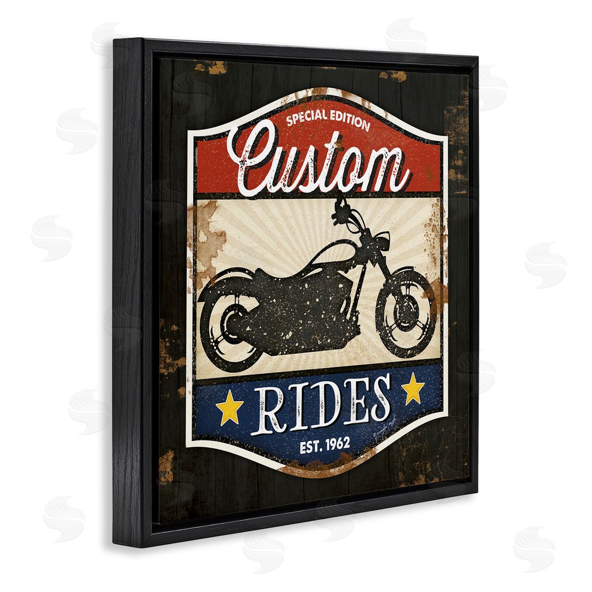 Jennifer Pugh Custom Rides Motorcycle Sign Vintage Americana Bike Black Floating Frame Canvas Wall Art Print