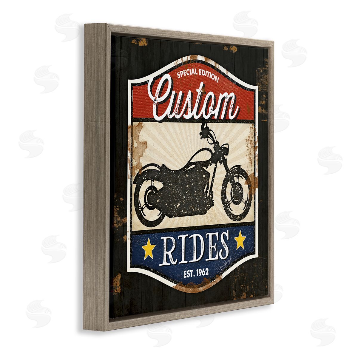 Jennifer Pugh Custom Rides Motorcycle Sign Vintage Americana Bike Brown Floating Frame Canvas Wall Art Print