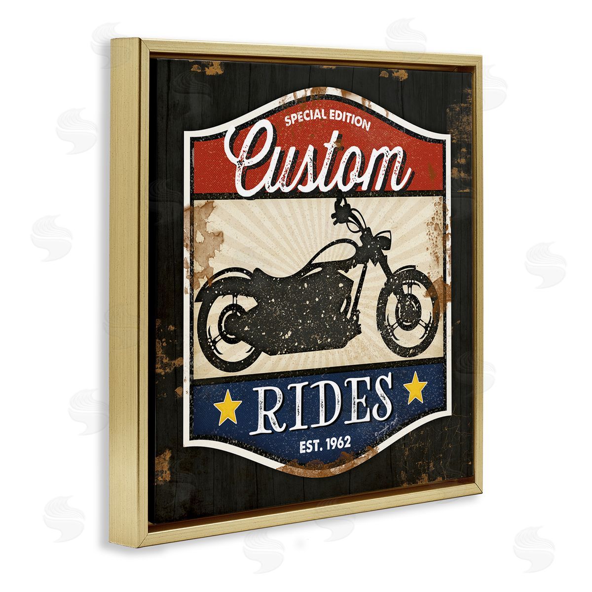 Jennifer Pugh Custom Rides Motorcycle Sign Vintage Americana Bike Gold Floating Frame Canvas Wall Art Print