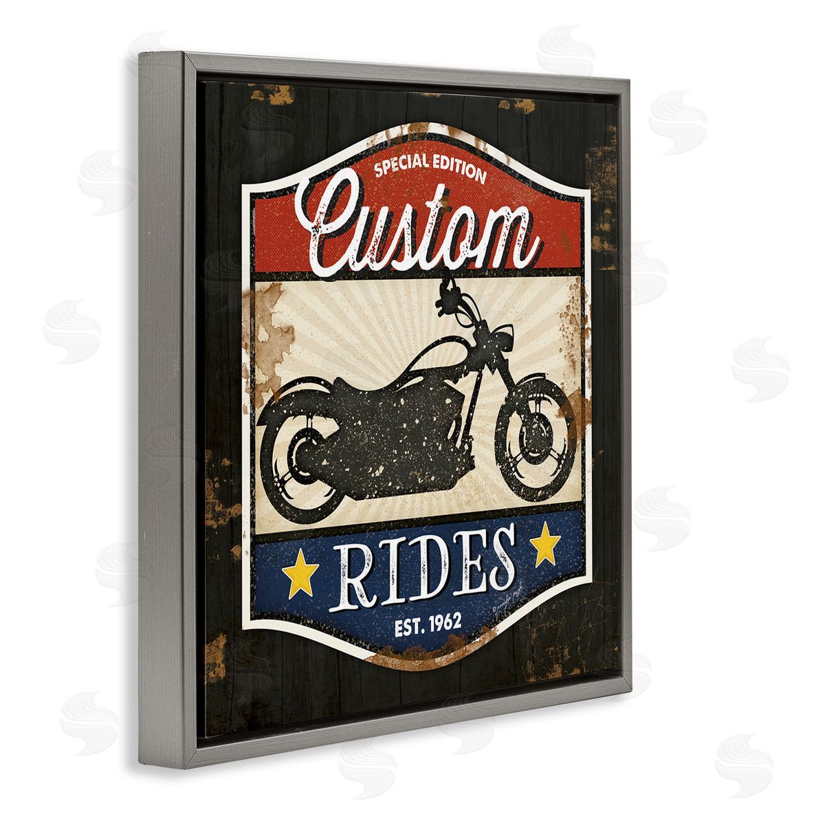 Jennifer Pugh Custom Rides Motorcycle Sign Vintage Americana Bike Gray Floating Frame Canvas Wall Art Print
