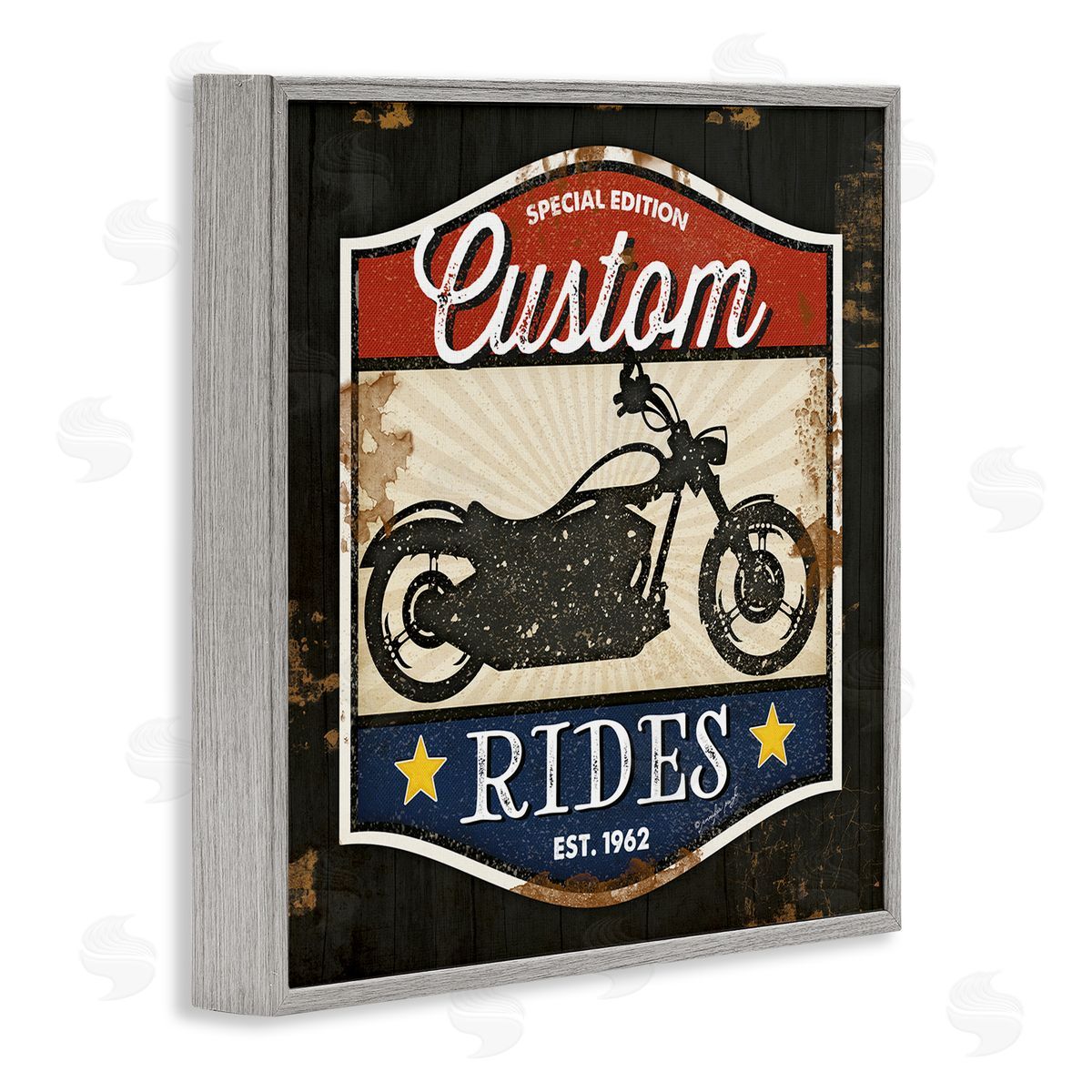Jennifer Pugh Custom Rides Motorcycle Sign Vintage Americana Bike Gray Framed Glicee Wall Art Print