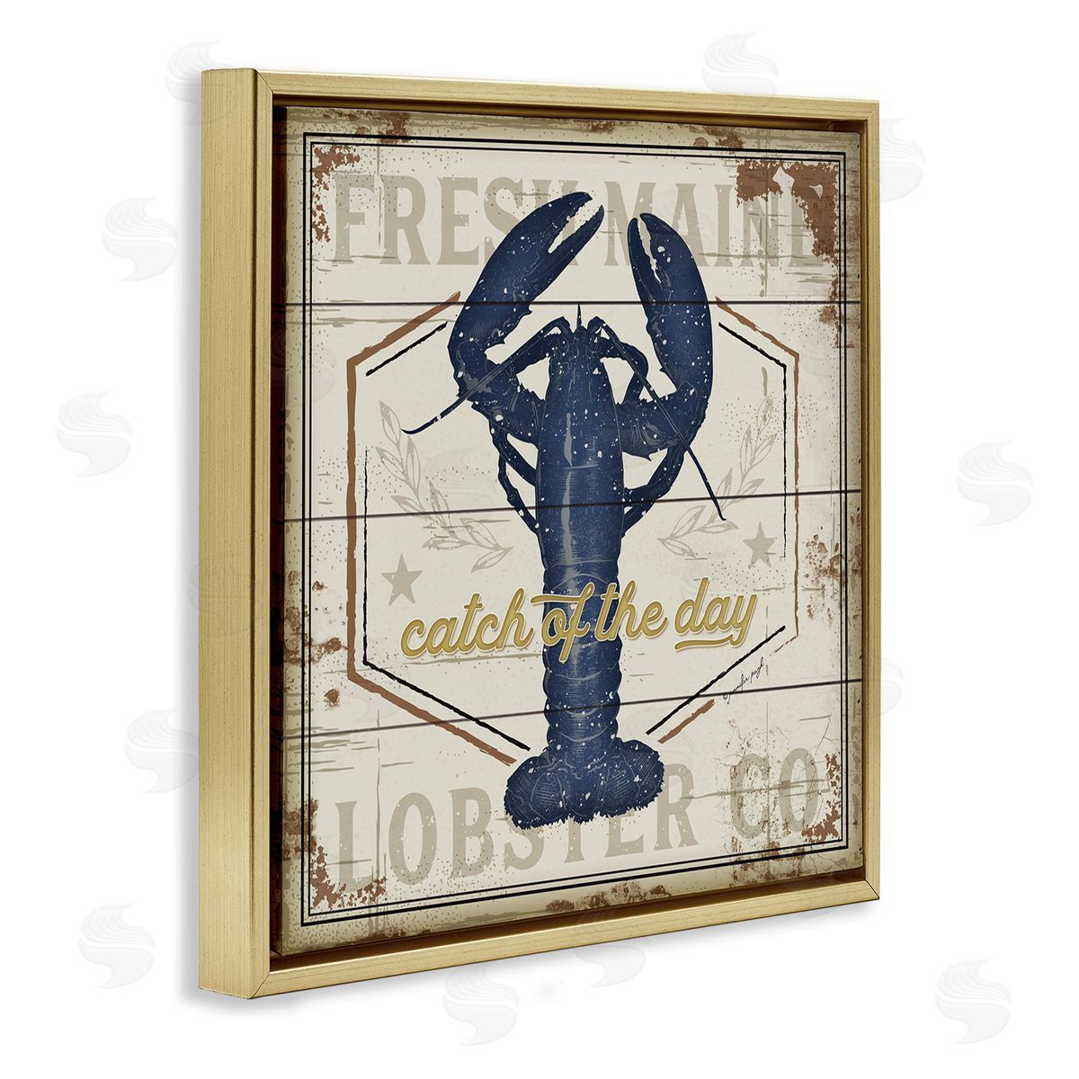 Jennifer Pugh Catch of the Day Vintage Blue Lobster Plank Pattern Gold Floating Frame Canvas Wall Art Print