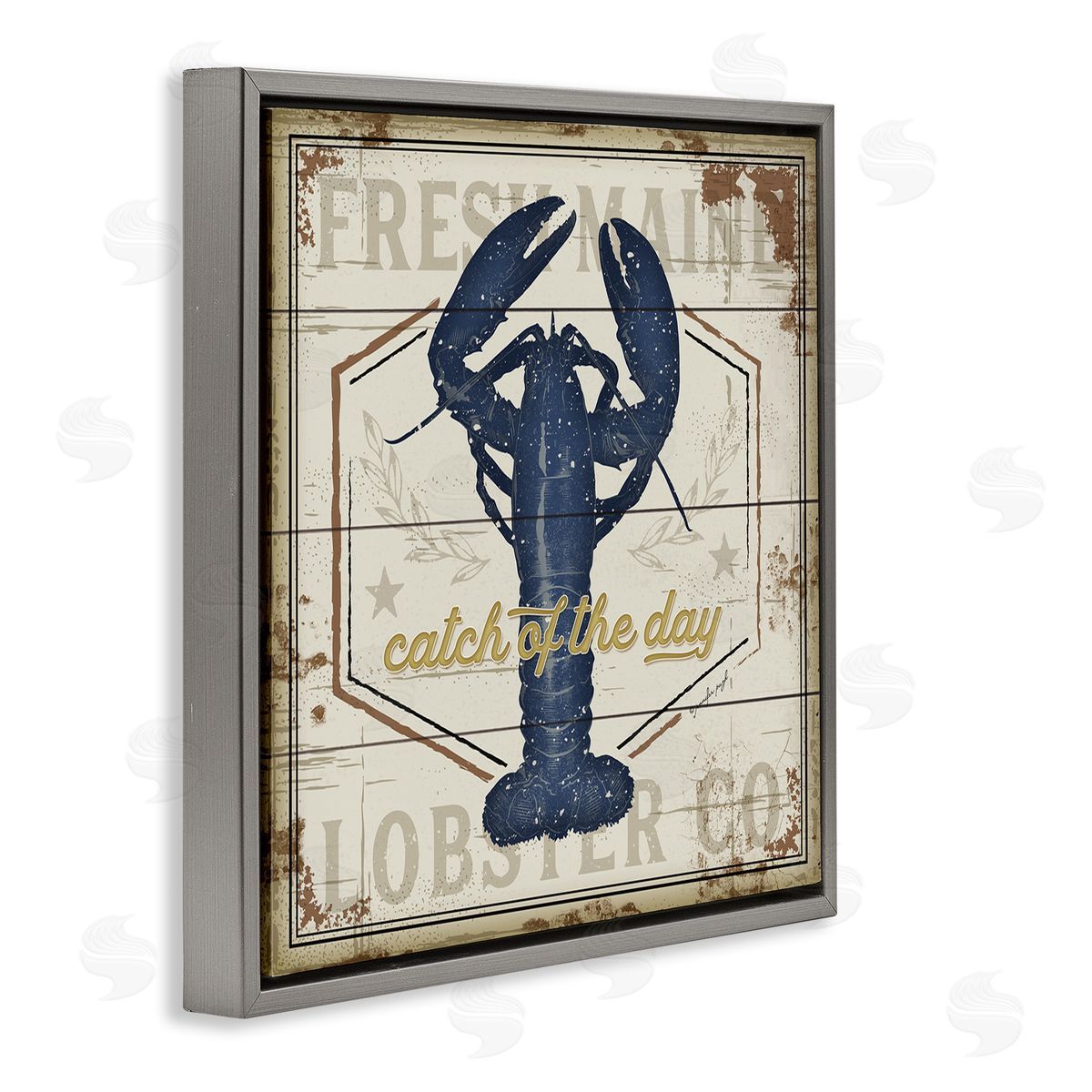 Jennifer Pugh Catch of the Day Vintage Blue Lobster Plank Pattern Gray Floating Frame Canvas Wall Art Print