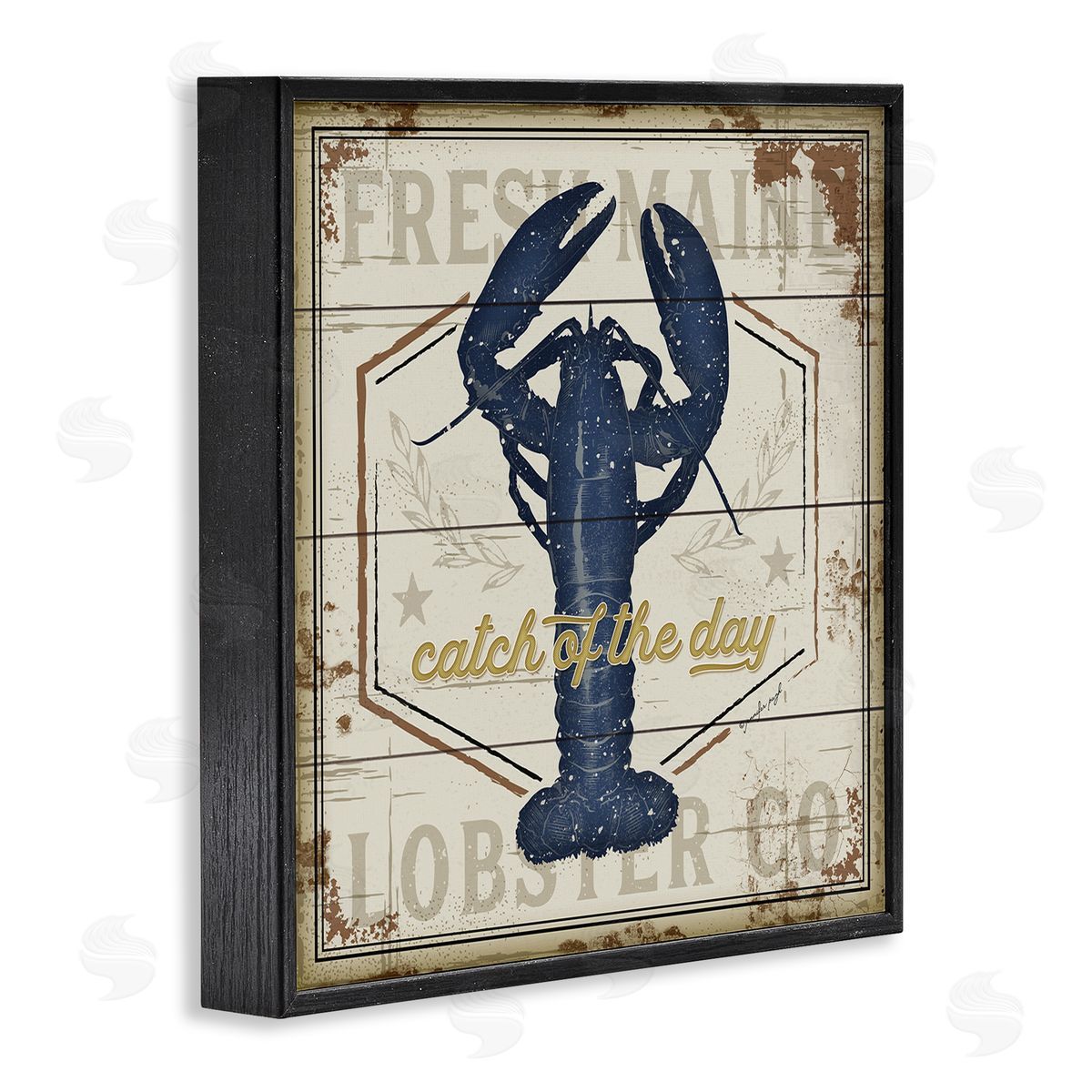 Jennifer Pugh Catch of the Day Vintage Blue Lobster Plank Pattern Black Framed Glicee Wall Art Print