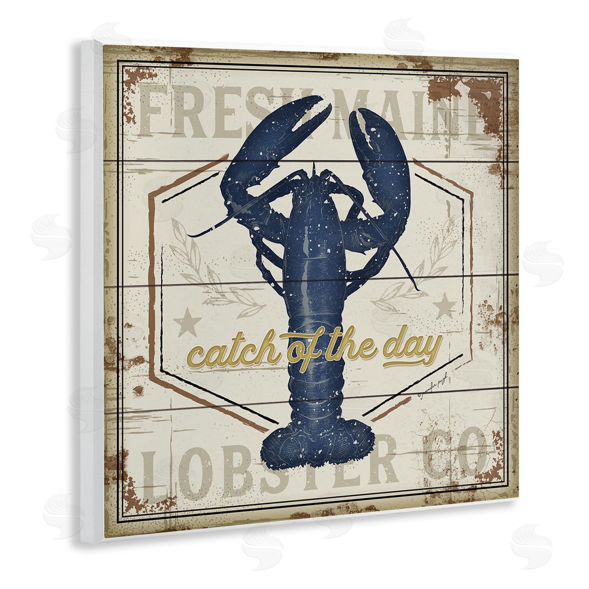 Jennifer Pugh Catch of the Day Vintage Blue Lobster Plank Pattern Wooden Wall Plaque Art Print