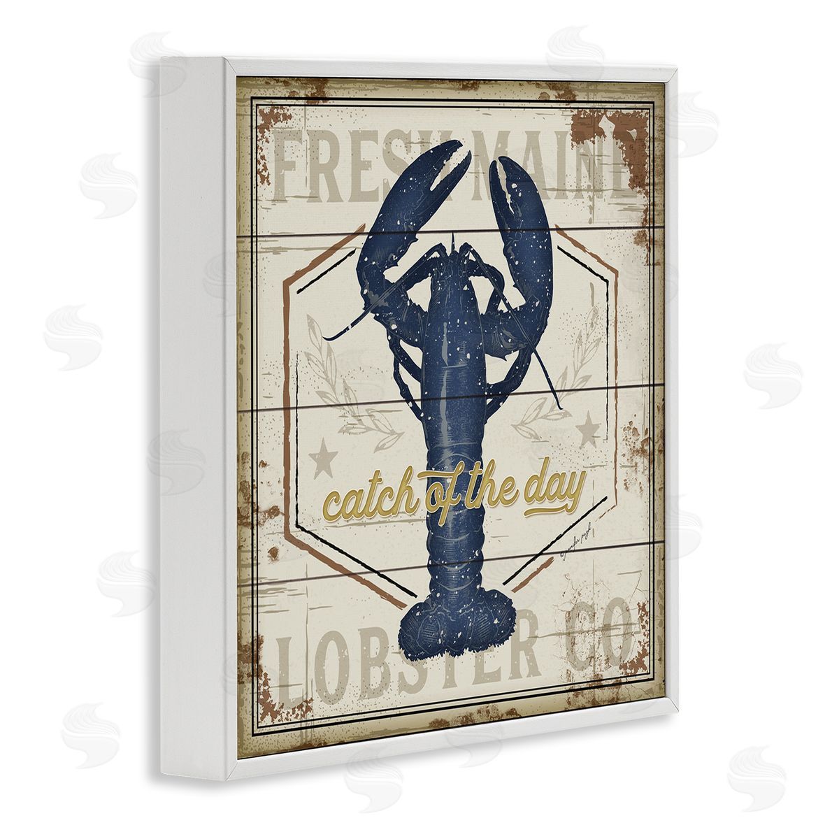 Jennifer Pugh Catch of the Day Vintage Blue Lobster Plank Pattern White Framed Glicee Wall Art Print